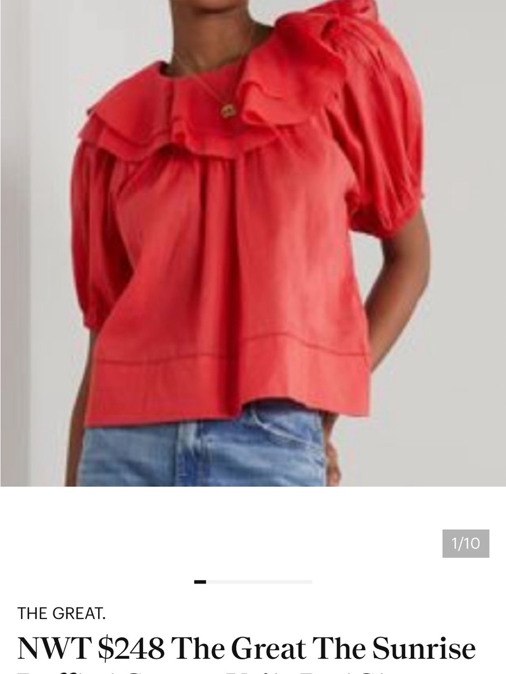 THE GREAT. Coral Ruffle-Paneled Puff Sleeve Blouse